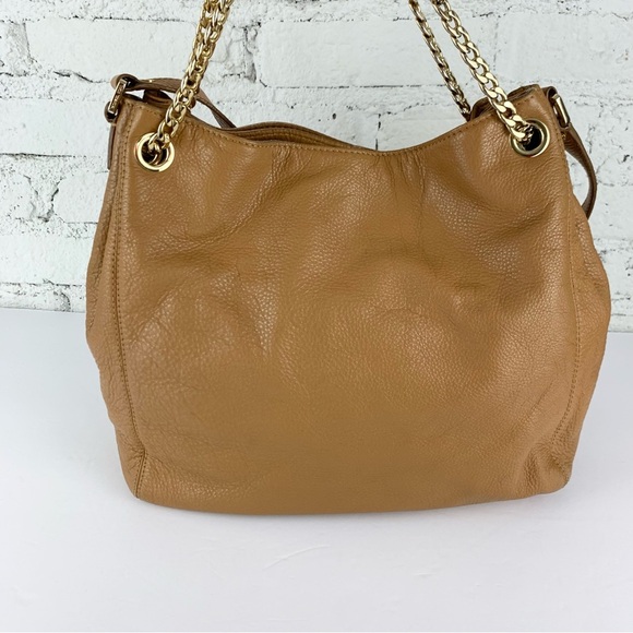 Michael Kors Gold Chain Jet Set Drawstring Tan Brown Leather Satchel Purse - Picture 6 of 12